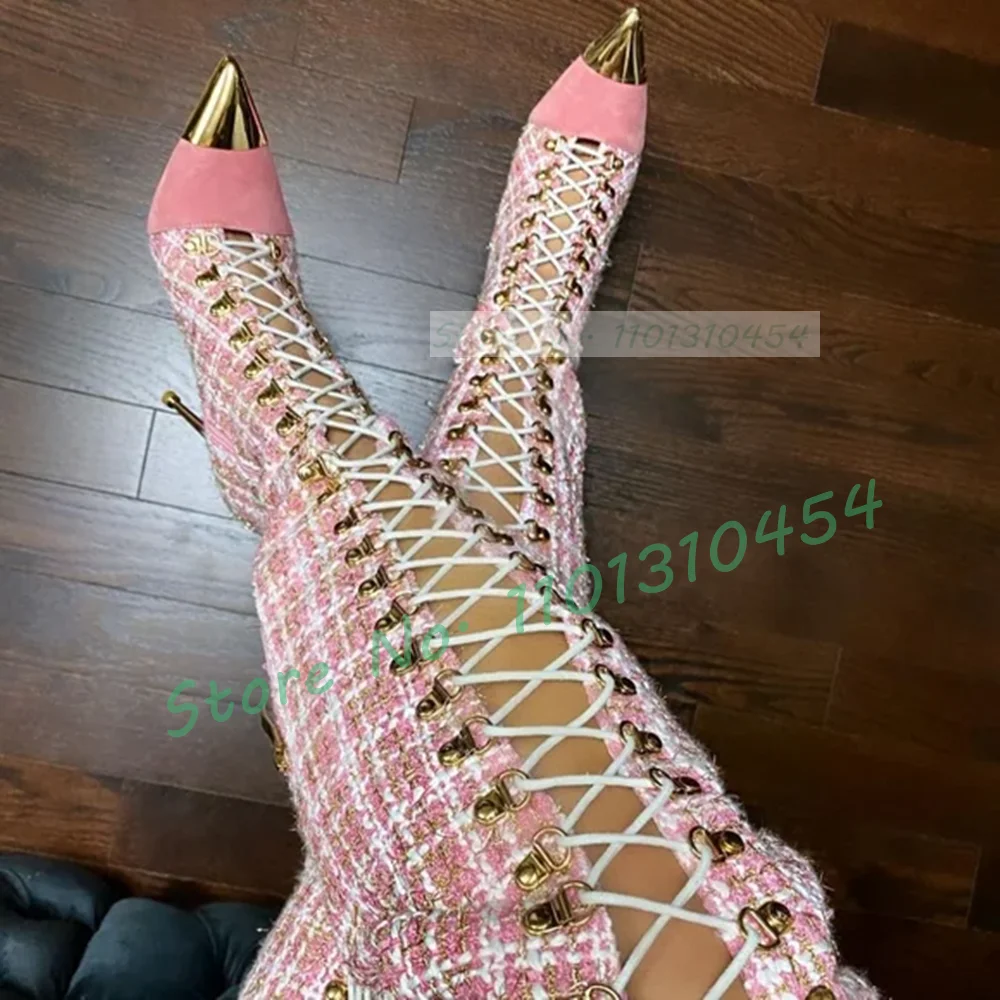 Sock Boot Women - Botas altas ocas xadrez rosa para